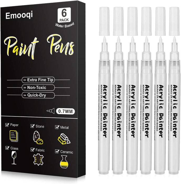 White Paint Pens, Emooqi 6 Pack 0.7mm Acrylic White Permanent Marker for  Rock Painting, Wood, Ceramic, Graffiti, Metallic, Paper, Drawing,  Water-based Extra Fine Point, Ideal for Artist & Students — emooqi