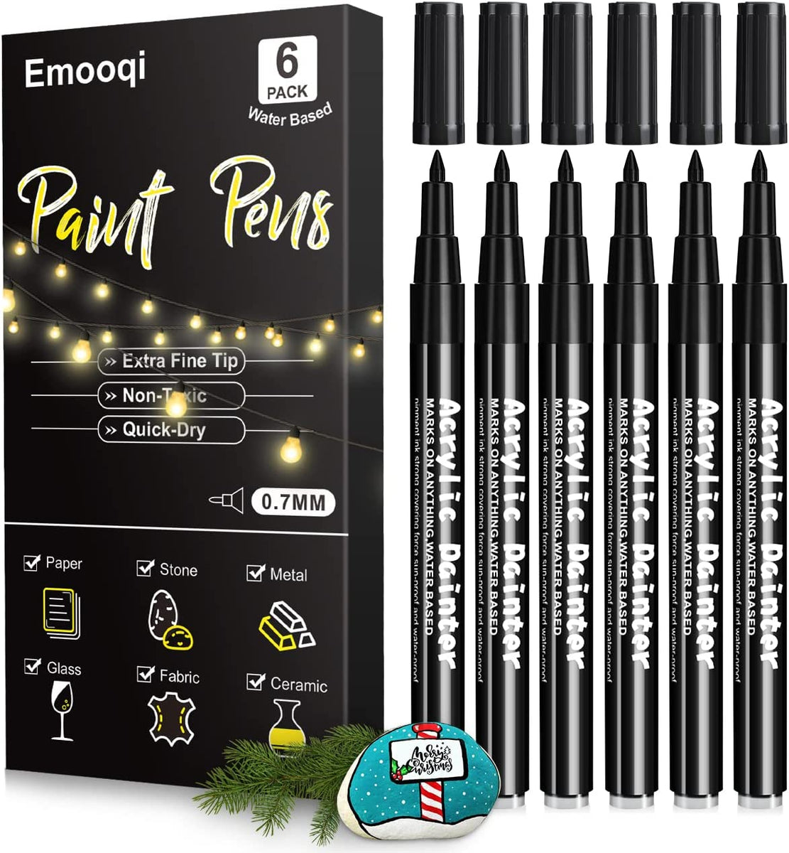 Black Paint Pens, Emooqi 6 Pack 0.7mm Acrylic White Permanent Marker for  Rock Painting, Wood, Ceramic, Graffiti, Metallic, Paper, Drawing,  Water-based Extra Fine Point, Ideal for Artist & Students — emooqi