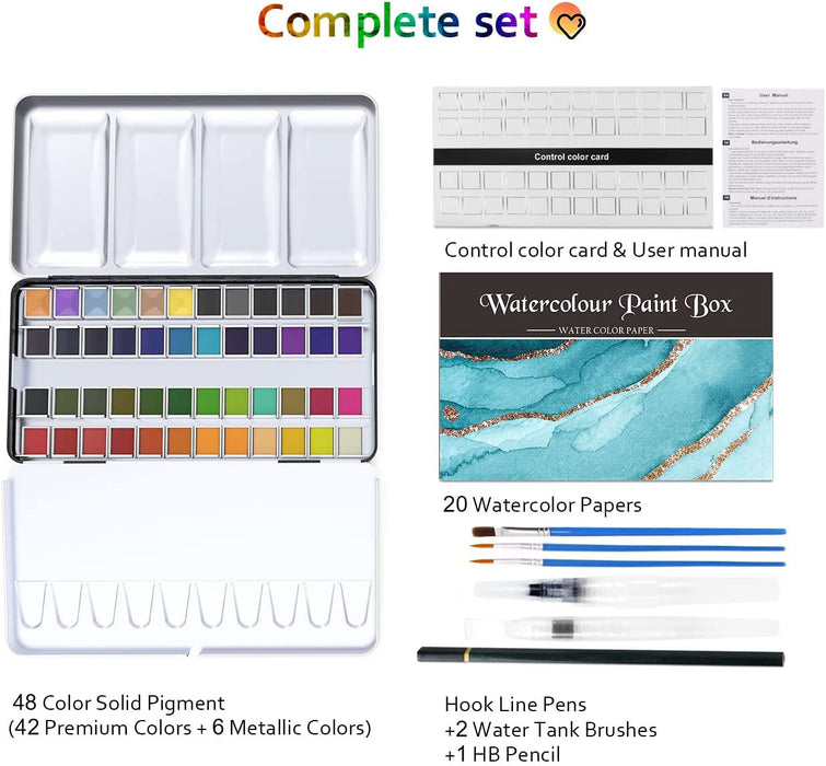 Watercolor Paint Set, Emooqi 48 Colors with 6 Metallic Colors，Hook Line  Pens，Water Brushes and Water Color Papers for Artists and Beginners，Art  Supplies for Painting and Watercolor Techniques — emooqi