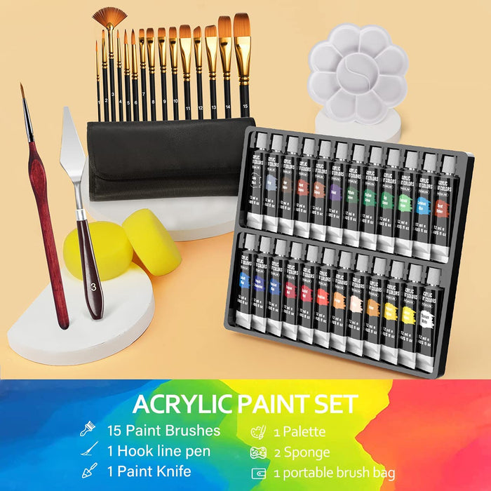 Acrylic Paint Set - 24 Vibrant Colors - 2oz Bottles - Non-Toxic - 12 Brushes