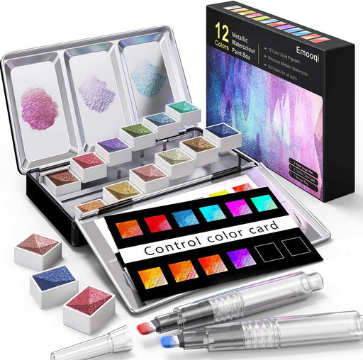 Metallic Watercolor Paints Set, Emooqi Metallic Glitter Watercolour Solid  Paint Box Include 12 Metallic Glitter Color+2 Water Brushes+2 Color  Card+Storage Bag, Ideal for Illustrations Painting & More — emooqi