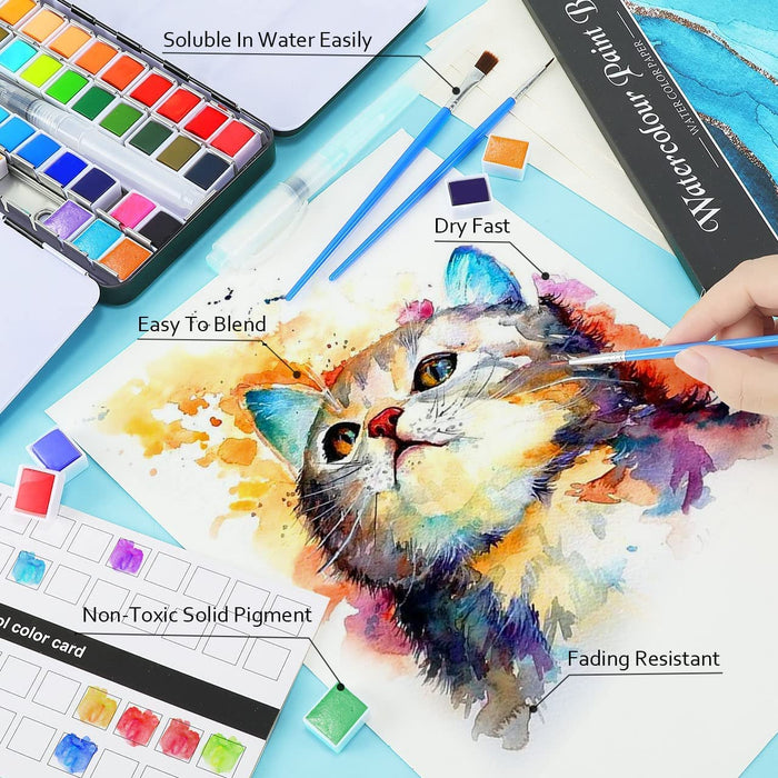  Koalors Premium Watercolor Paint Set for Adults and Kids, Pack  of 48 Vibrant Colors, 6 Brushes, Fountain Pen, Pads - Portable & Washable  for Beginner and Professional Artists, Calligraphy & Journaling 