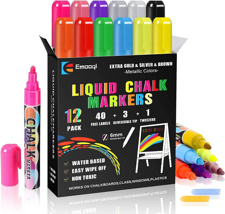  Chalk Markers - 12 Colors Erasable Liquid Chalk