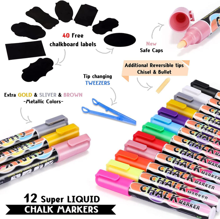 12 Color Liquid Chalk Markers (2 Tips) 6mm Erasable Chalkboard