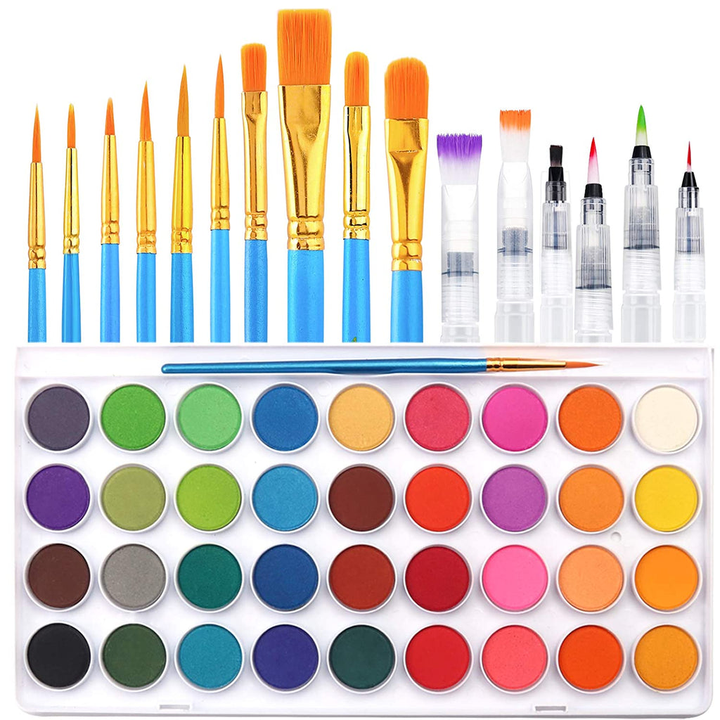 36 Colors Watercolor Paint Set, AROIC Watercolor Pan Set with 10 Nylon  Brushes and 6 Refillable Water Brushes. Perfect for Adults, Children and Beginner  Artists. — emooqi