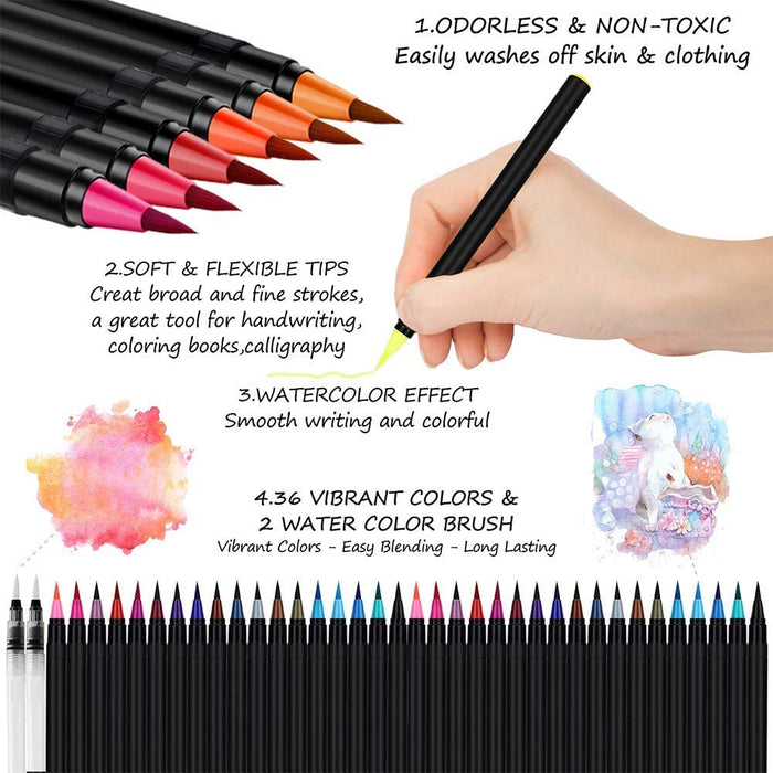 Watercolor Brush Markers, Set of 36 Vivid Colors Flexible Brush Tip  -Kingartco.