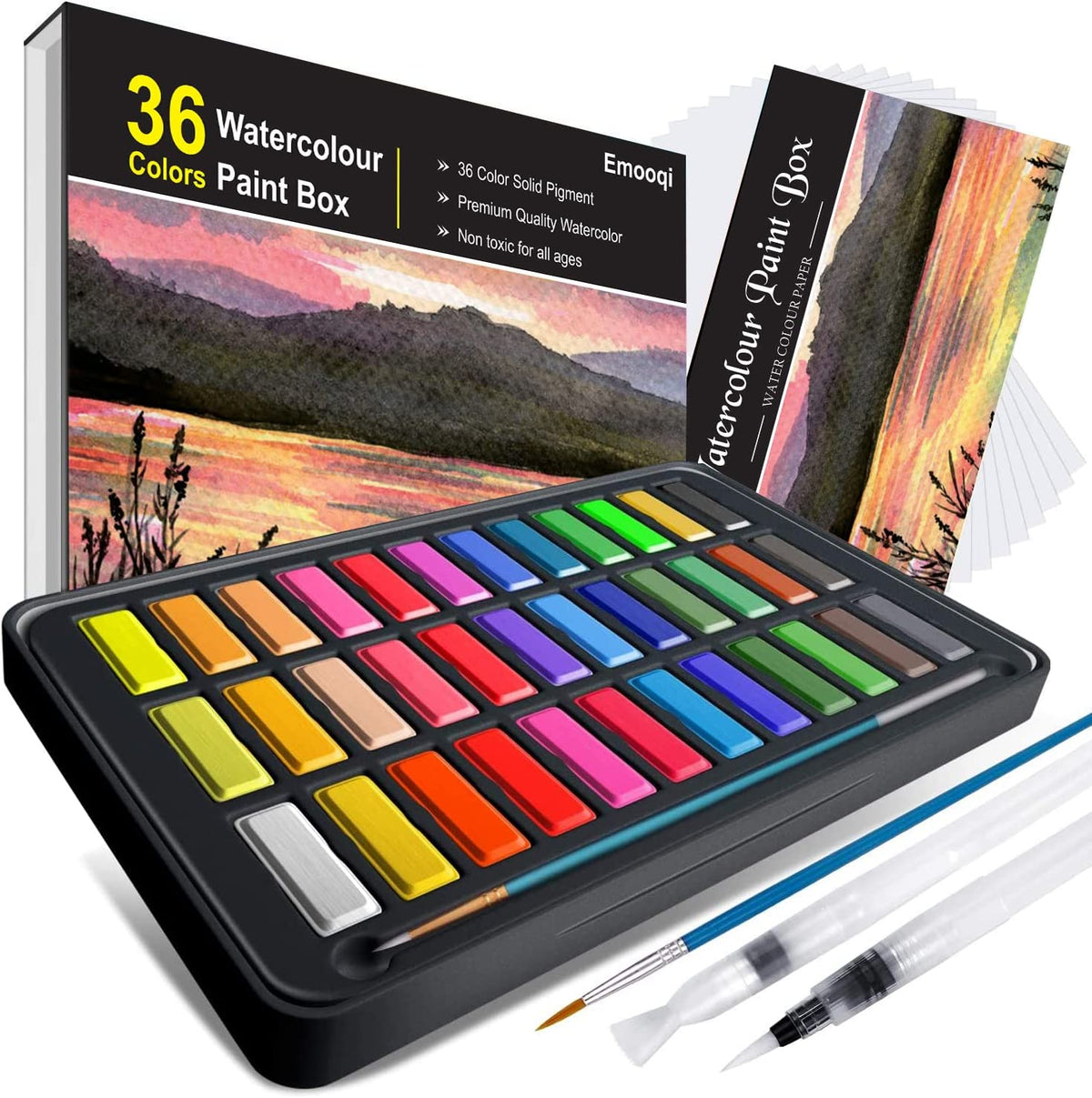 Emooqi Watercolor Paint Set, 48 Colors with 6 Metallic Colors,Hook Line  Pens,Water Brushes and Water Color Papers for Artists and Beginners,Art