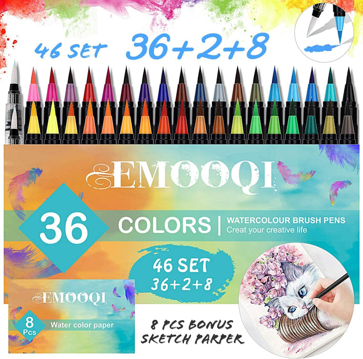 Watercolor Paint Set ,Emooqi Premium Watercolour Paint Box with 36 Colors Pigment ,2 Hook Line Pen ,2 Water Brush Pen , Watercolor Paper Pad ,for