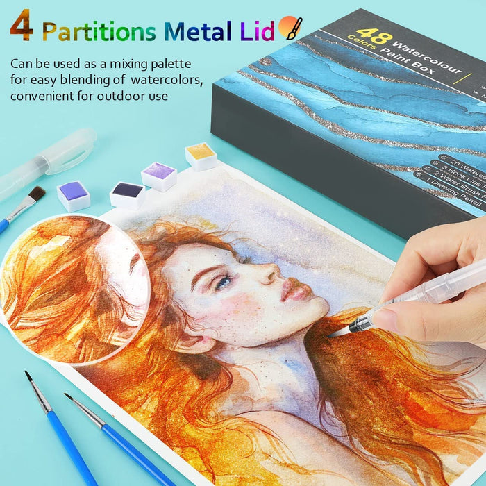 Spec101 Watercolor Paint Set - 48 Color Dry Watercolor Paints with Blender  Pens and Water Color Pallet Water Color Kit