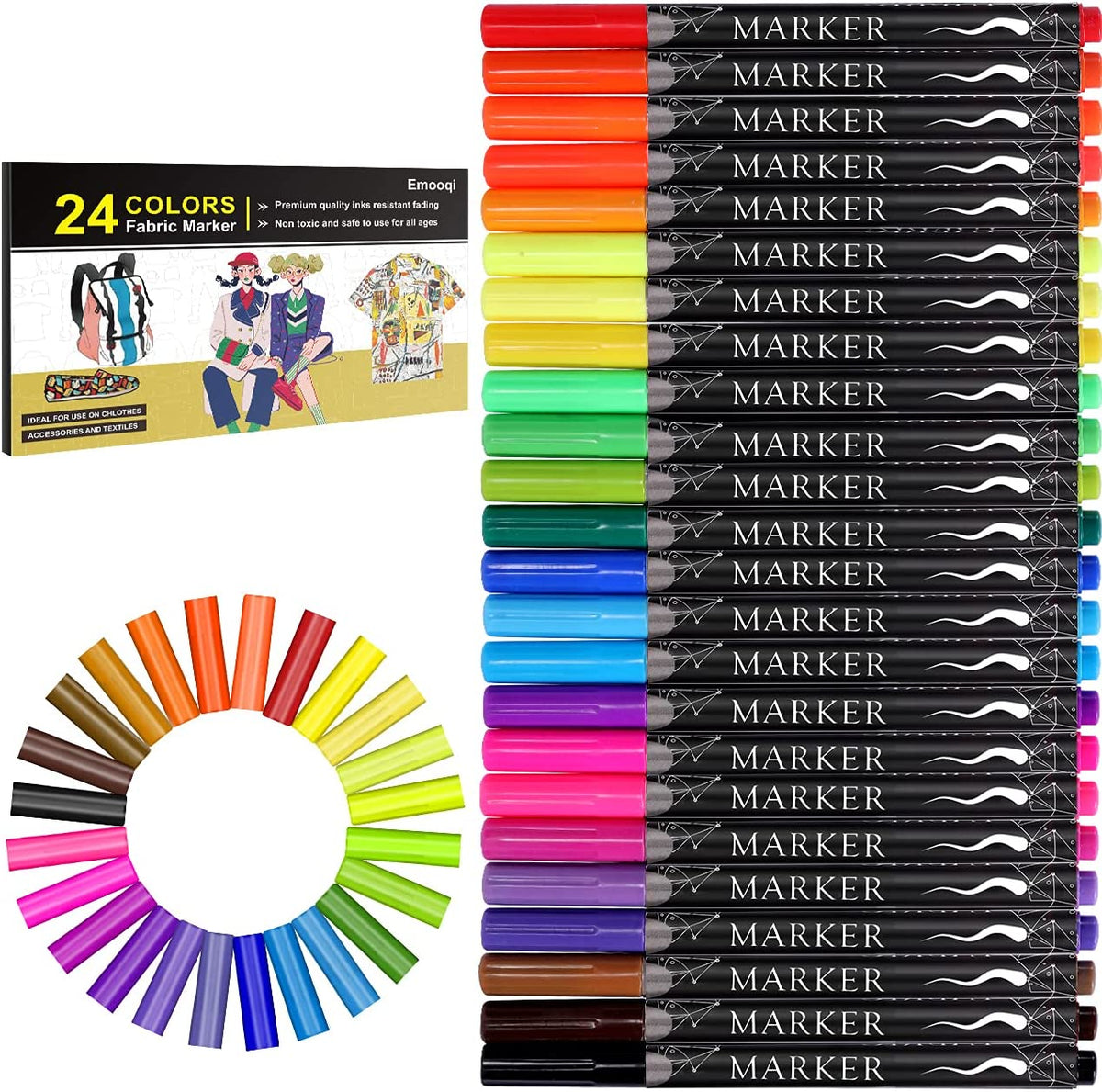Emooqi Fabric Markers Pen, 24 Colors Fabric Paint Art Marker Set  Double-Ended Fabric Markers with Chisel Point and Fine Point Tips, Child  Safe 