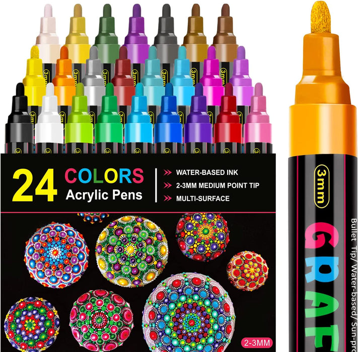 24 Colours Of Acrylic Paint Pens Waterproof Permanent Markers Art