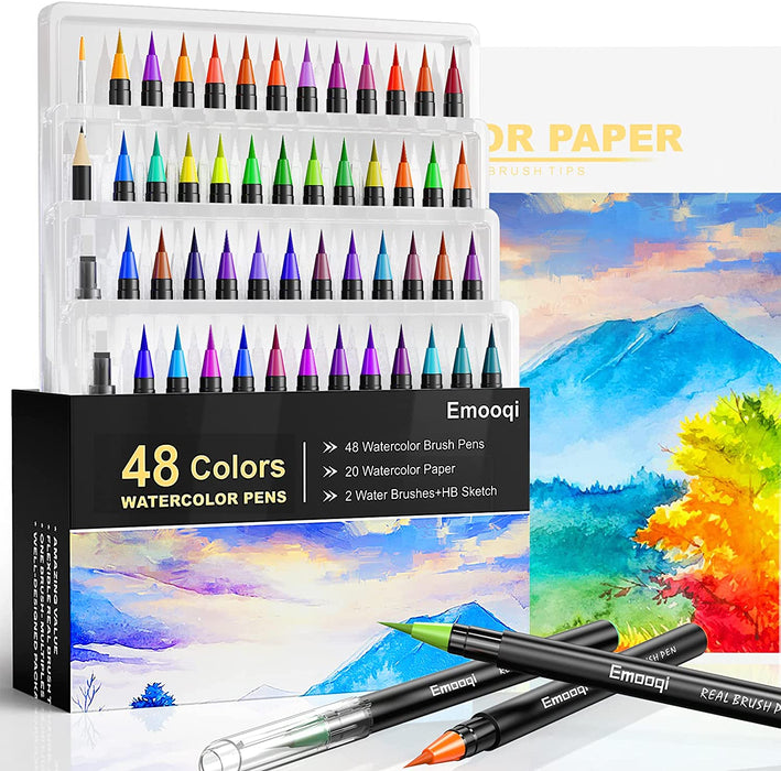 Emooqi Watercolor Brush Pens, 48 Color Watercolor Pen set with 20 Watercolor  Paper, 2 Water Brushes and HB Sketch pencil for Calligraphy, Watercolor  Drawing and Writing — emooqi