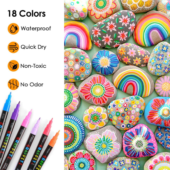 18 Pack Metallic Marker Pens, Lineon 16 Colors Fine Tip Paint Pens with 2 Stencils for DIY Craft Photo Album Rock Art Painting Card Making Glass Wood
