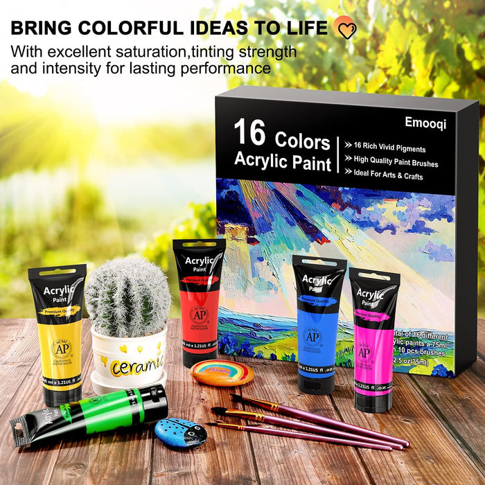 Acrylic Paint Set for Canvas Painting with 24 Colors (60ml, 2oz), 6 Brushes and 1 Palette - Permanent Art Craft Paints Gifts for Kids,Beginners