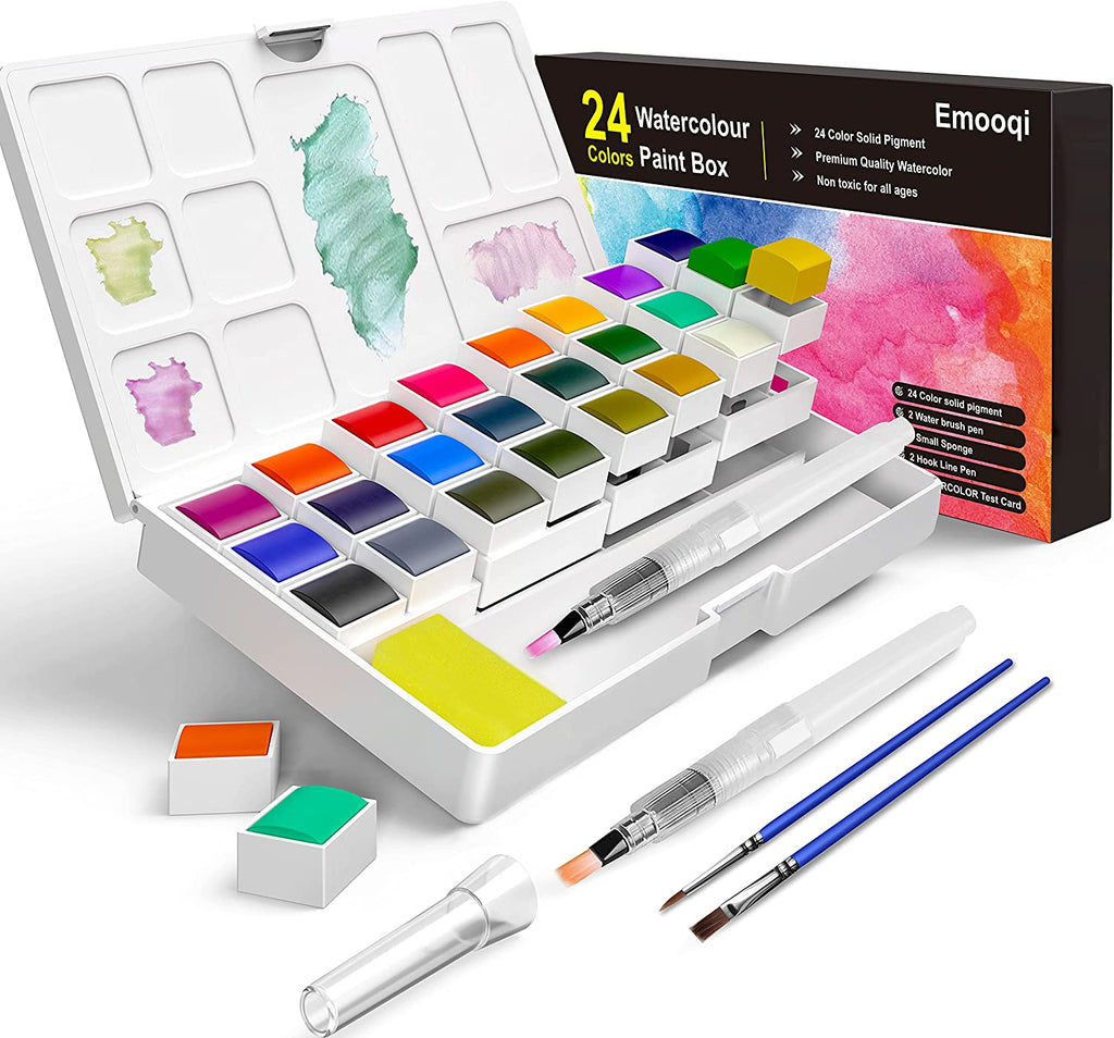 Watercolor Paint set, Emooqi Watercolour Paint with 24 Vibrant Pigments Water  Brush Pen Small Sponge Paint Brush Control Color Card, Ideal for Artists  Painting Professionals Sudents. — emooqi